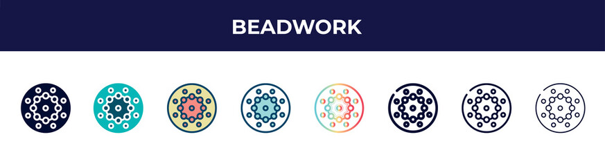beadwork icon in 8 styles. line, filled, glyph, thin outline, colorful, stroke and gradient styles, beadwork vector sign. symbol, logo illustration. different style icons set.