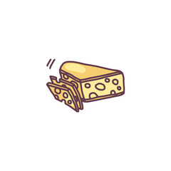 Cheddar cheese block and slices, doodle vector illustration isolated on white background.