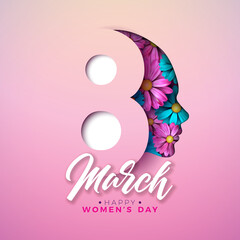 8 March International Womens Day Vector Illustration with Spring Colorful Flower in Young Woman Face Silhouette and Female Symbol on Light Pink Background. Women or Mother Day Theme Template for Flyer