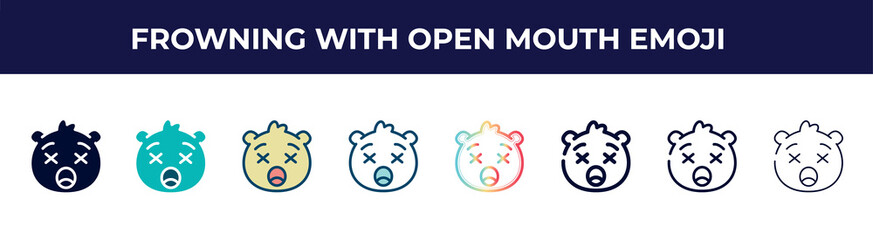 frowning with open mouth emoji icon in 8 styles. line, filled, glyph, thin outline, colorful, stroke and gradient styles, frowning with open mouth emoji vector sign. symbol, logo illustration.