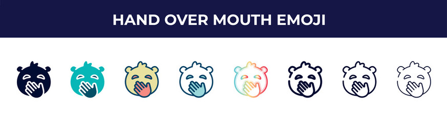 hand over mouth emoji icon in 8 styles. line, filled, glyph, thin outline, colorful, stroke and gradient styles, hand over mouth emoji vector sign. symbol, logo illustration. different style icons