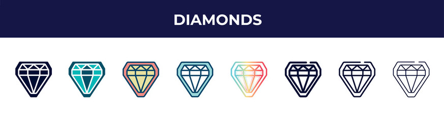 diamonds icon in 8 styles. line, filled, glyph, thin outline, colorful, stroke and gradient styles, diamonds vector sign. symbol, logo illustration. different style icons set.