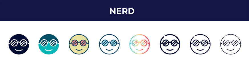 nerd icon in 8 styles. line, filled, glyph, thin outline, colorful, stroke and gradient styles, nerd vector sign. symbol, logo illustration. different style icons set.