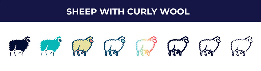 sheep with curly wool icon in 8 styles. line, filled, glyph, thin outline, colorful, stroke and gradient styles, sheep with curly wool vector sign. symbol, logo illustration. different style icons