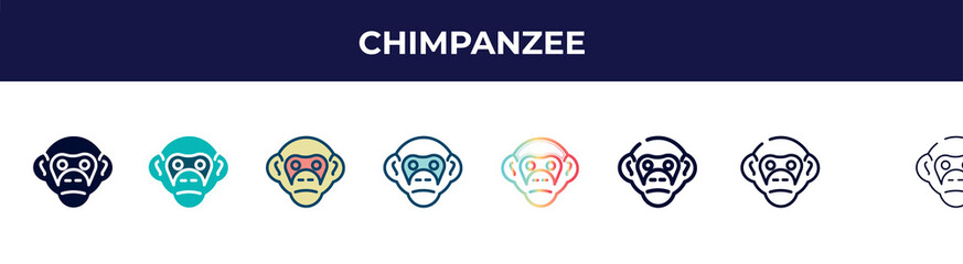 chimpanzee icon in 8 styles. line, filled, glyph, thin outline, colorful, stroke and gradient styles, chimpanzee vector sign. symbol, logo illustration. different style icons set.