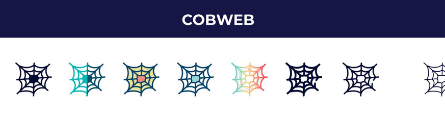 cobweb icon in 8 styles. line, filled, glyph, thin outline, colorful, stroke and gradient styles, cobweb vector sign. symbol, logo illustration. different style icons set.