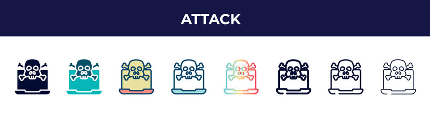 attack icon in 8 styles. line, filled, glyph, thin outline, colorful, stroke and gradient styles, attack vector sign. symbol, logo illustration. different style icons set.