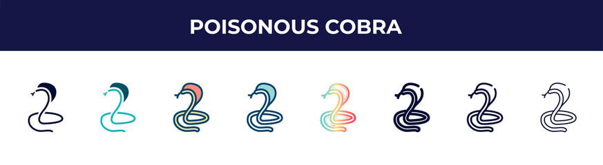 poisonous cobra icon in 8 styles. line, filled, glyph, thin outline, colorful, stroke and gradient styles, poisonous cobra vector sign. symbol, logo illustration. different style icons set.