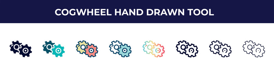 cogwheel hand drawn tool icon in 8 styles. line, filled, glyph, thin outline, colorful, stroke and gradient styles, cogwheel hand drawn tool vector sign. symbol, logo illustration. different style