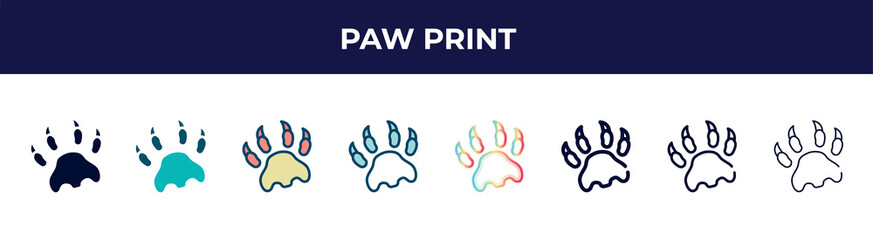 Obraz premium paw print icon in 8 styles. line, filled, glyph, thin outline, colorful, stroke and gradient styles, paw print vector sign. symbol, logo illustration. different style icons set.