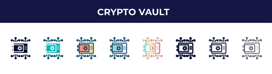 crypto vault icon in 8 styles. line, filled, glyph, thin outline, colorful, stroke and gradient styles, crypto vault vector sign. symbol, logo illustration. different style icons set.
