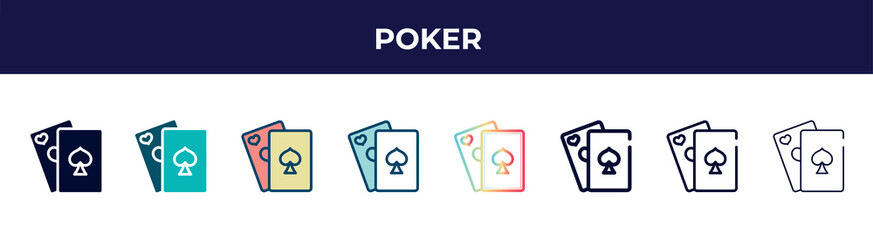 poker icon in 8 styles. line, filled, glyph, thin outline, colorful, stroke and gradient styles, poker vector sign. symbol, logo illustration. different style icons set.