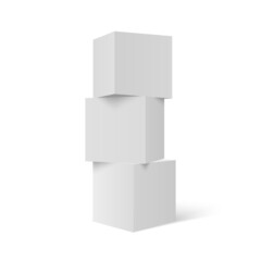 Three 3D stacked cubes. Column of white cubes. Geometric shapes background.