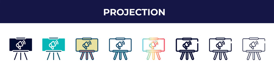 projection icon in 8 styles. line, filled, glyph, thin outline, colorful, stroke and gradient styles, projection vector sign. symbol, logo illustration. different style icons set.