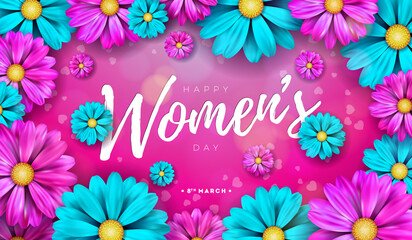 Happy Women's Day Floral Illustration. 8 March International Womens Day Vector Design with Colorful Spring Flower on Pink Background. Woman or Mother Day Theme Template for Flyer, Greeting Card, Web © articular