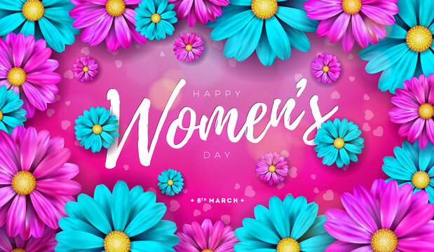 Happy Women's Day Floral Illustration. 8 March International Womens Day Vector Design with Colorful Spring Flower on Pink Background. Woman or Mother Day Theme Template for Flyer, Greeting Card, Web