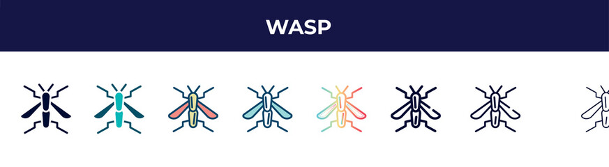 wasp icon in 8 styles. line, filled, glyph, thin outline, colorful, stroke and gradient styles, wasp vector sign. symbol, logo illustration. different style icons set.