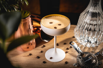 Espresso Martini Cocktail, refreshing summer cocktail with coffee and Martini in composition