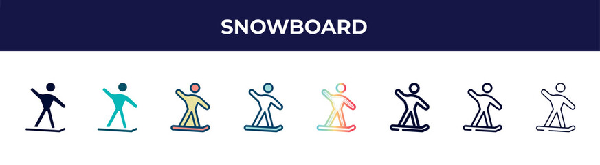 snowboard icon in 8 styles. line, filled, glyph, thin outline, colorful, stroke and gradient styles, snowboard vector sign. symbol, logo illustration. different style icons set.