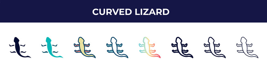 curved lizard icon in 8 styles. line, filled, glyph, thin outline, colorful, stroke and gradient styles, curved lizard vector sign. symbol, logo illustration. different style icons set.