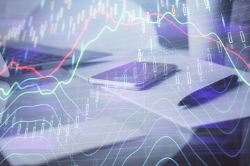 Double exposure of forex graph drawing and cell phone background. Concept of financial data analysis