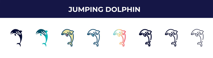 jumping dolphin icon in 8 styles. line, filled, glyph, thin outline, colorful, stroke and gradient styles, jumping dolphin vector sign. symbol, logo illustration. different style icons set.