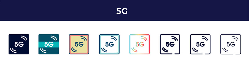 5g icon in 8 styles. line, filled, glyph, thin outline, colorful, stroke and gradient styles, 5g vector sign. symbol, logo illustration. different style icons set.