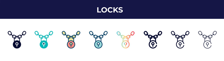 locks icon in 8 styles. line, filled, glyph, thin outline, colorful, stroke and gradient styles, locks vector sign. symbol, logo illustration. different style icons set.