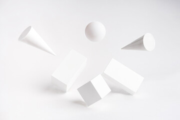 Blank and empty platform. White podium for presentation. Light exhibition stand with minimal white background.