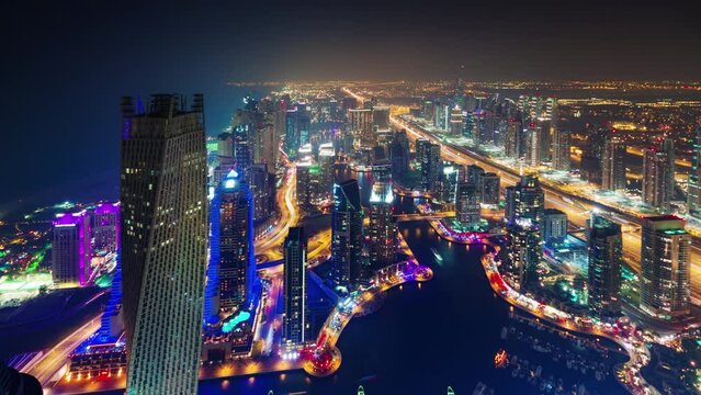 dubai marina night illumination roof top panorama 4k timelapse uae