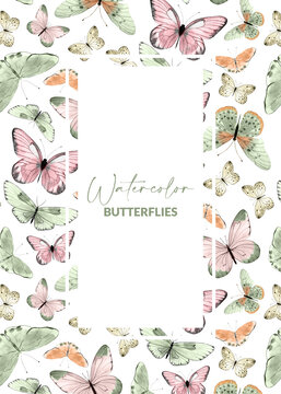 Greeting card with watercolor illustrated butterflies