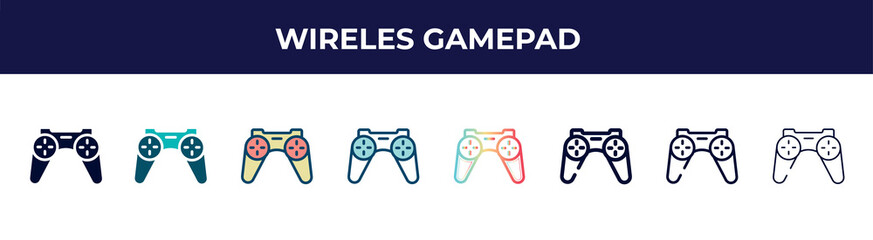wireles gamepad icon in 8 styles. line, filled, glyph, thin outline, colorful, stroke and gradient styles, wireles gamepad vector sign. symbol, logo illustration. different style icons set.