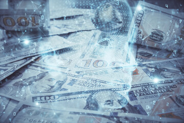 Double exposure of brain drawing over us dollars bill background. Technology concept.