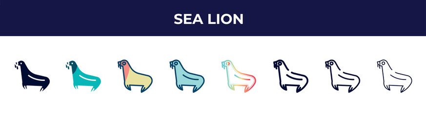 sea lion icon in 8 styles. line, filled, glyph, thin outline, colorful, stroke and gradient styles, sea lion vector sign. symbol, logo illustration. different style icons set.