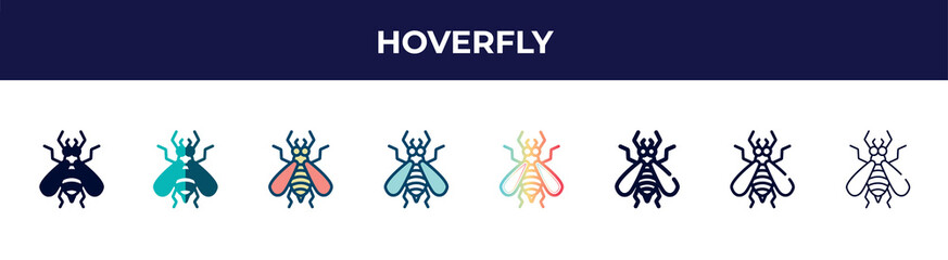 hoverfly icon in 8 styles. line, filled, glyph, thin outline, colorful, stroke and gradient styles, hoverfly vector sign. symbol, logo illustration. different style icons set.