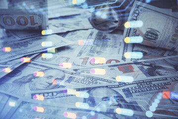 Double exposure of data theme drawing over us dollars bill background. Technology concept.