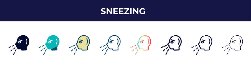 sneezing icon in 8 styles. line, filled, glyph, thin outline, colorful, stroke and gradient styles, sneezing vector sign. symbol, logo illustration. different style icons set.