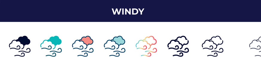 windy icon in 8 styles. line, filled, glyph, thin outline, colorful, stroke and gradient styles, windy vector sign. symbol, logo illustration. different style icons set.