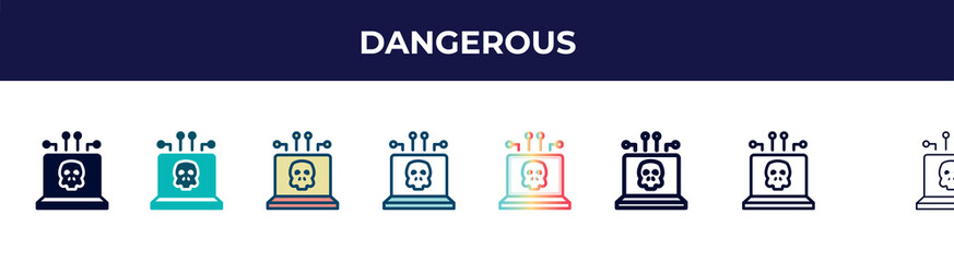 dangerous icon in 8 styles. line, filled, glyph, thin outline, colorful, stroke and gradient styles, dangerous vector sign. symbol, logo illustration. different style icons set.