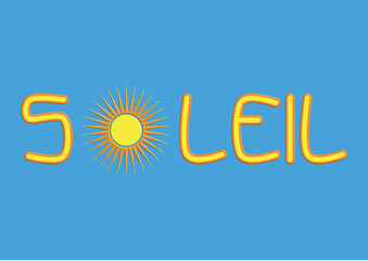 Le mot soleil écrit en lettres jaune et orange sur un fond de ciel bleu