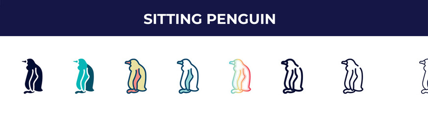 sitting penguin icon in 8 styles. line, filled, glyph, thin outline, colorful, stroke and gradient styles, sitting penguin vector sign. symbol, logo illustration. different style icons set.