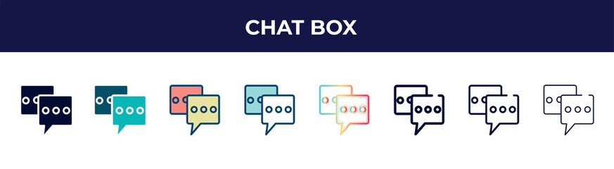chat box icon in 8 styles. line, filled, glyph, thin outline, colorful, stroke and gradient styles, chat box vector sign. symbol, logo illustration. different style icons set.