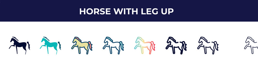 horse with leg up icon in 8 styles. line, filled, glyph, thin outline, colorful, stroke and gradient styles, horse with leg up vector sign. symbol, logo illustration. different style icons set.