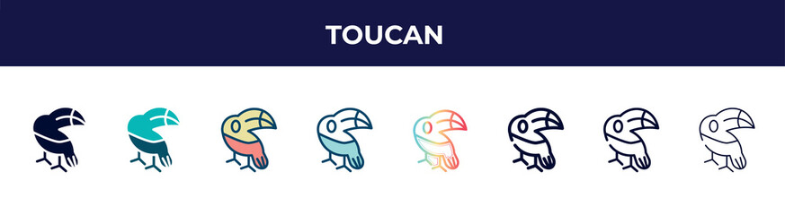 toucan icon in 8 styles. line, filled, glyph, thin outline, colorful, stroke and gradient styles, toucan vector sign. symbol, logo illustration. different style icons set.