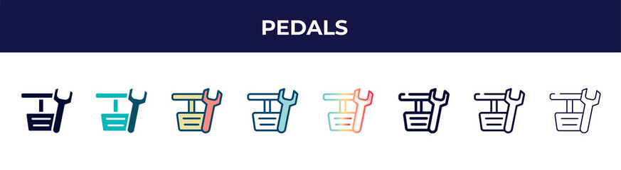 pedals icon in 8 styles. line, filled, glyph, thin outline, colorful, stroke and gradient styles, pedals vector sign. symbol, logo illustration. different style icons set.