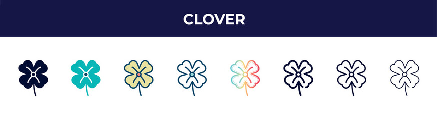 clover icon in 8 styles. line, filled, glyph, thin outline, colorful, stroke and gradient styles, clover vector sign. symbol, logo illustration. different style icons set.