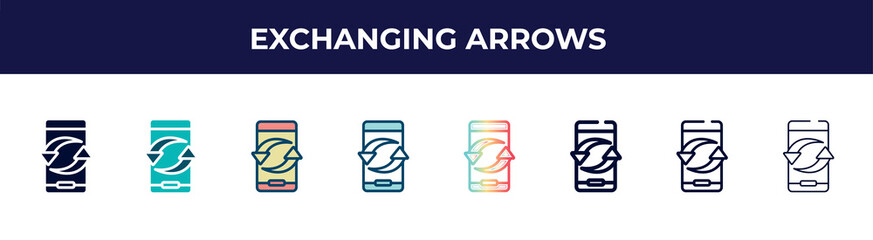 exchanging arrows icon in 8 styles. line, filled, glyph, thin outline, colorful, stroke and gradient styles, exchanging arrows vector sign. symbol, logo illustration. different style icons set.