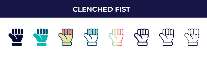 clenched fist icon in 8 styles. line, filled, glyph, thin outline, colorful, stroke and gradient styles, clenched fist vector sign. symbol, logo illustration. different style icons set.