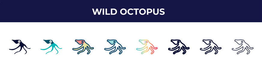 wild octopus icon in 8 styles. line, filled, glyph, thin outline, colorful, stroke and gradient styles, wild octopus vector sign. symbol, logo illustration. different style icons set.