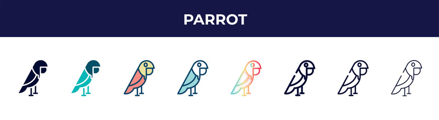 parrot icon in 8 styles. line, filled, glyph, thin outline, colorful, stroke and gradient styles, parrot vector sign. symbol, logo illustration. different style icons set.